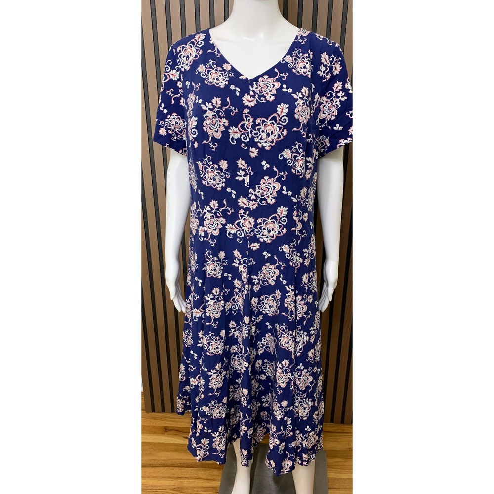 Coldwater Creek Navy Blue Floral Rayon Midi Dress Short Sleeve V-Neck Size 12